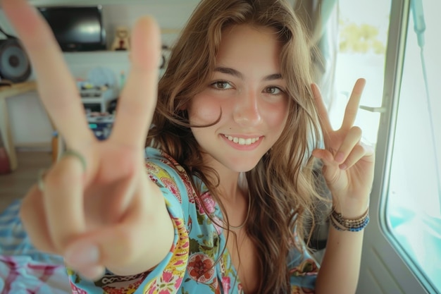 ein junges, attraktives, fröhliches Mädchen macht ein Selfie und ein Friedenszeichen mit den Fingern