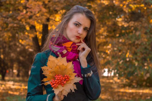 Ein junges attraktives Mädchen steht im Herbstpark, hält einen Strauß Blätter in der Hand und freut sich