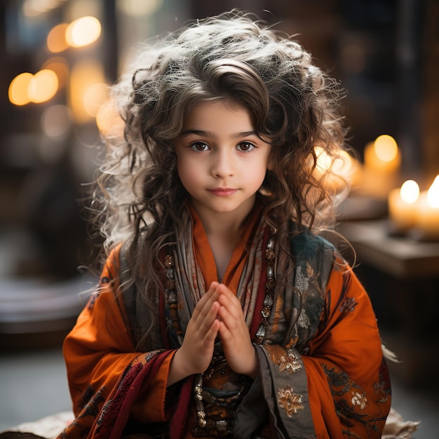 Ein junges chinesisches Mädchen im Alter von drei oder vier Jahren, gekleidet in alter Kleidung, betet in einem taoistischen Tempel