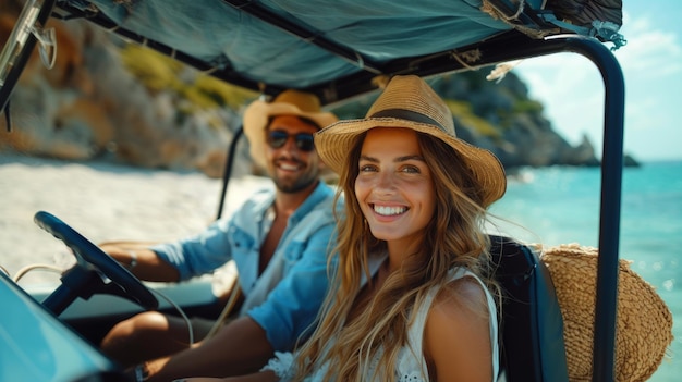 Ein junges Ehepaar genießt ein Offroad-Abenteuer am sonnigen Strand