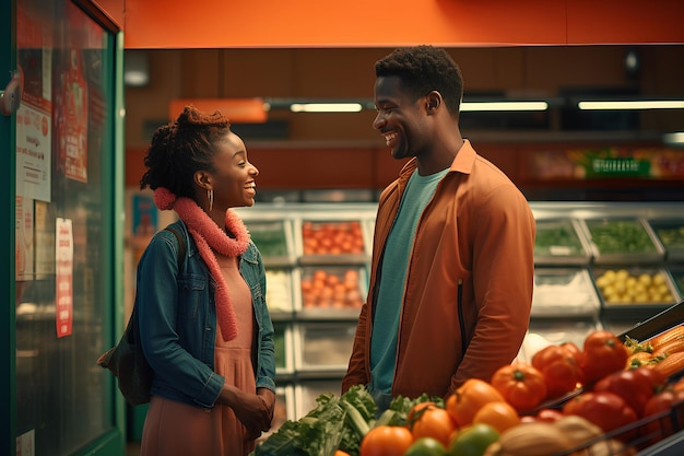 Ein junges Ehepaar kauft Gemüse vor einem Supermarkt