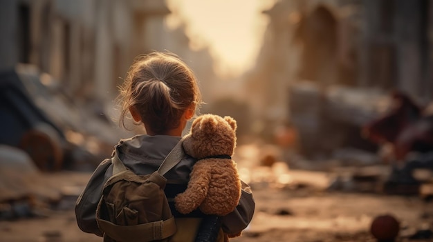 Ein junges, einsames Kind in War Zone Aftermath mit einem Teddybären