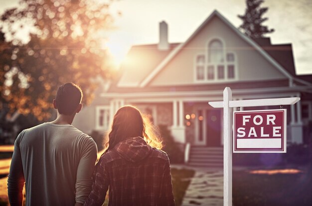 Ein junges erwachsenes Paar bewundert ein Haus mit einem Verkäuferschilder für Immobilien