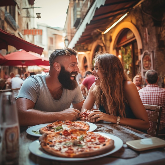 Ein junges erwachsenes Touristenpaar genießt ein Pizzalunch zusammen in einer Pizzeria im Freien auf der Straße Konzept der Dating und Sommerferien Urlaub Mann und Frau haben Spaß und lachen viel