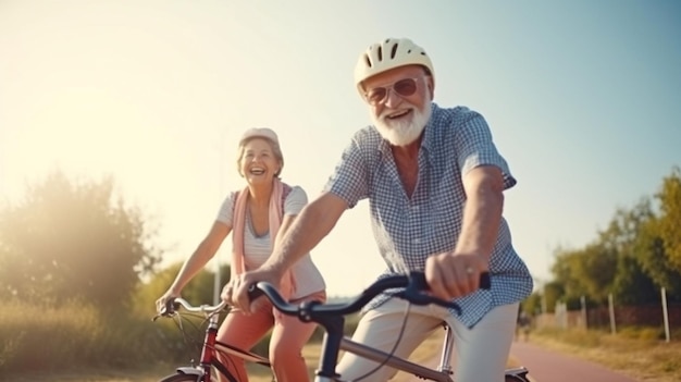 Ein junges, fröhliches älteres Paar nutzt generative KI, um sich im Freien zu erholen