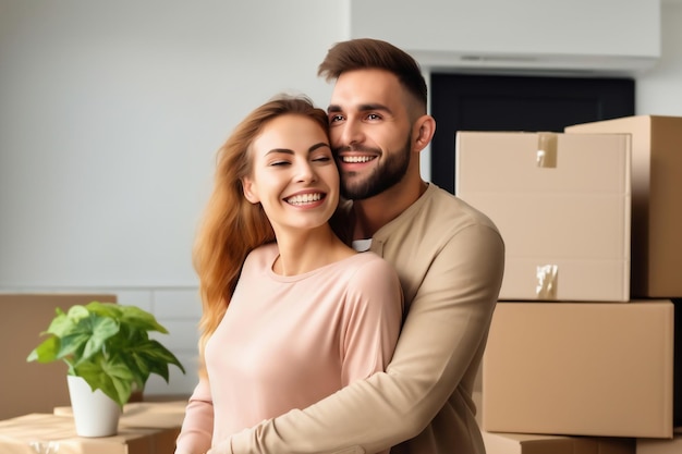 Ein junges, glückliches Ehepaar in ihrem neuen Haus nach dem Umzug, das Kisten auspackt, nachdem es in eine neue Wohnung gezogen ist, neue Hausbesitzer, Hypotheken, Vermietung von Grundstücken.