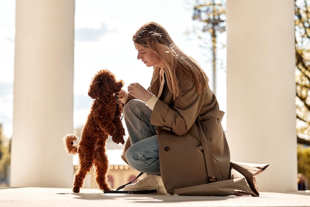 Ein junges hübsches blondes Mädchen in einem beigen Regenmantel und Jeans hockt und trainiert ihr süßes Haustier rot