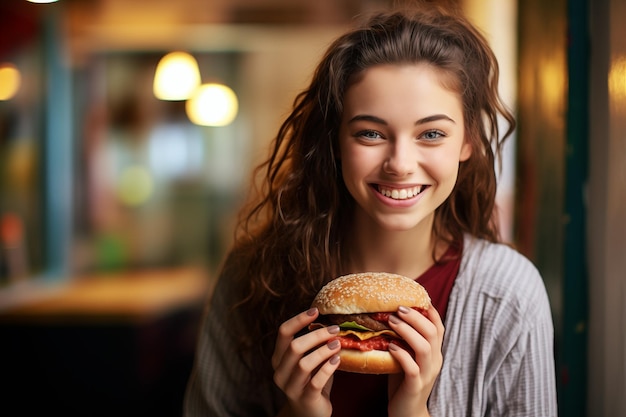 Ein junges, hübsches, brünettes Mädchen im Haus mit einem Burger