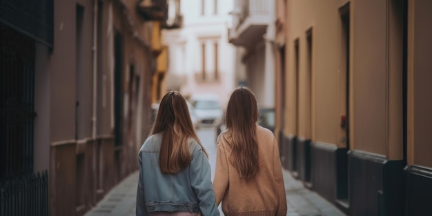 Foto ein junges lesbisches paar geht durch die stadt und hält sich an den händen