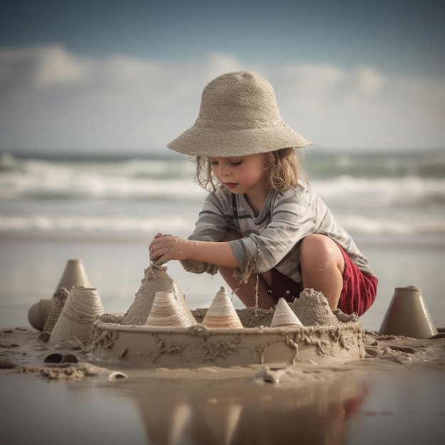 Ein junges Mädchen baut am Strand eine Sandburg.