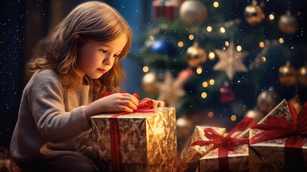 Ein junges Mädchen, das ein wunderschön verpacktes Geschenk auspackt, hat vor Vorfreude große Augen und ein breites Lächeln im Gesicht