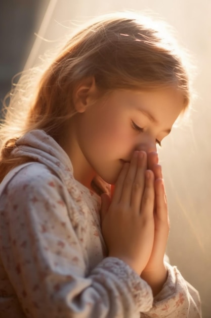 Ein junges Mädchen, das im Sonnenlicht betet