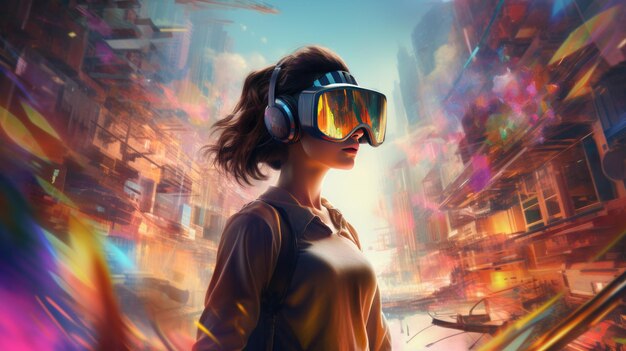 ein junges Mädchen, das in ein virtuelles Reality-Spiel eingetaucht ist