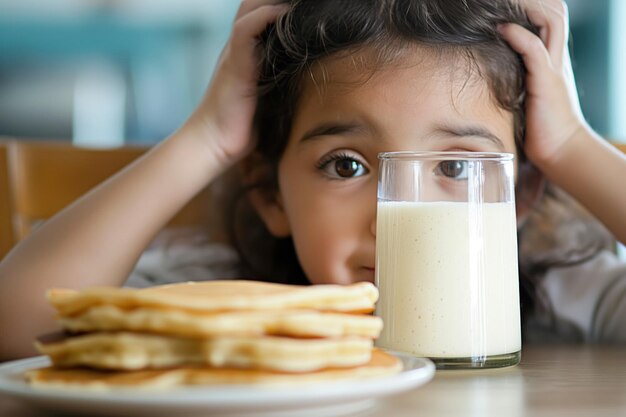 Ein junges Mädchen, das über ein Glas Milch mit einem Stapel Waffeln auf dem Tisch vor ihrem hohen