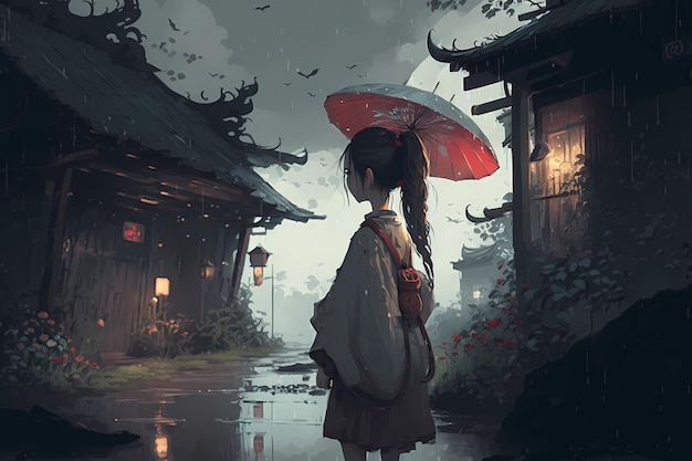 Ein junges Mädchen, ein Teenager, der im Regen mit einem Regenschirm im Anime-Stil in die Ferne blickt. Schlechte Laune, Depression und Mutlosigkeit KI-Generation