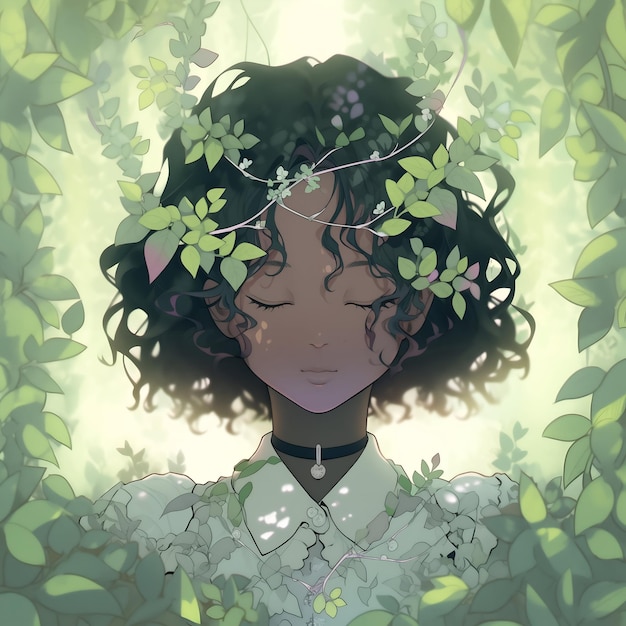 Ein junges Mädchen, gekrönt mit Laub, eingetaucht in eine üppige grüne Oase des Friedens und der Harmonie.