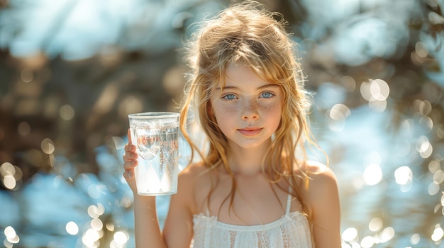 Ein junges Mädchen hält ein Glas Wasser im Sonnenlicht