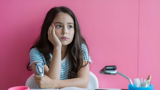 Ein junges Mädchen hält ein Rasiermesser und gelangweilt sich in der Ruhe an der rosa Wand.