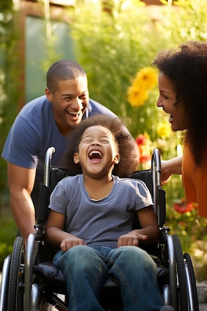 ein junges Mädchen im Rollstuhl, das mit ihrer Familie lacht
