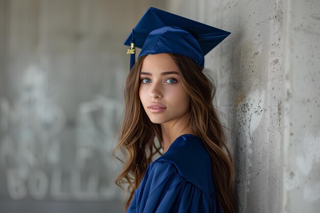 Ein junges Mädchen in einem Abschlusskleid, das sich an eine Wand lehnt und eine blaue Mütze und ein Kleid und ein Gold trägt