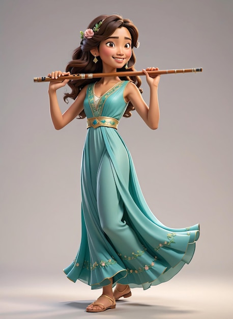 ein junges Mädchen in einem blauen Kleid mit einer Flöte