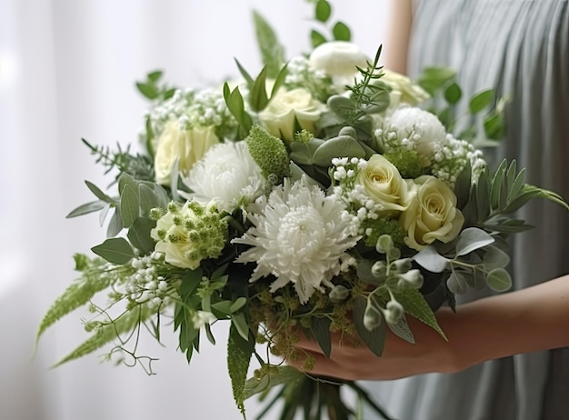 Ein junges Mädchen in einem weißen Hochzeitskleid hält in ihren Händen einen Blumenstrauß und Grün mit einer Schleife