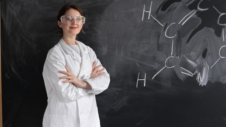 Foto ein junges mädchen in einem weißen mantel und einer schutzbrille steht vor dem hintergrund der tafel mit der chemischen formel chemielehrer oder -schüler lächelnd