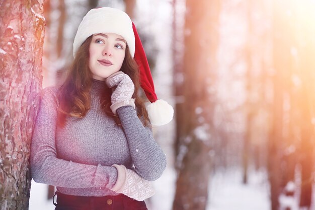 Ein junges Mädchen in einem Winterpark bei einem Spaziergang. Weihnachtsferien im Winterwald. Mädchen genießt den Winter im Park.