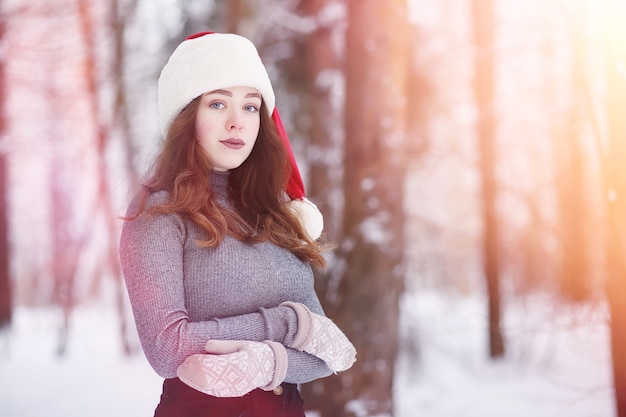 Ein junges Mädchen in einem Winterpark bei einem Spaziergang. Weihnachtsferien im Winterwald. Mädchen genießt den Winter im Park.