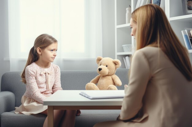Ein junges Mädchen in einer Therapiesitzung mit einem Psychologen und einem Teddybären