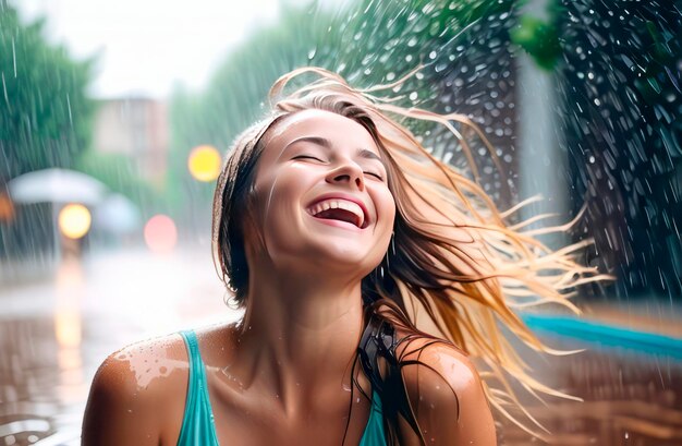 Foto ein junges mädchen lacht und tanzt im sommerregen