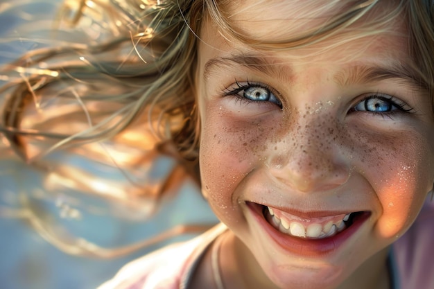 Foto ein junges mädchen lächelt und zeigt ihr wackeliges zahn, das glücklich aussieht