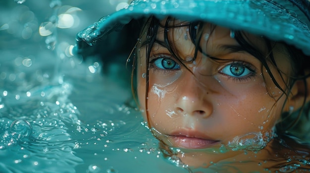 Foto ein junges mädchen mit auffallenden blauen augen steht teilweise unter wasser.