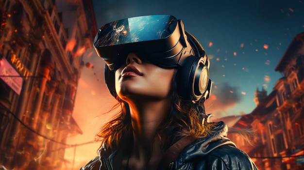Ein junges Mädchen mit Augmented-Reality-Brille in einem Computerspiel in der virtuellen Welt
