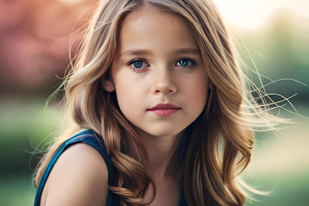 Ein junges Mädchen mit blonden Haaren und blauen Augen blickt in die Kamera.