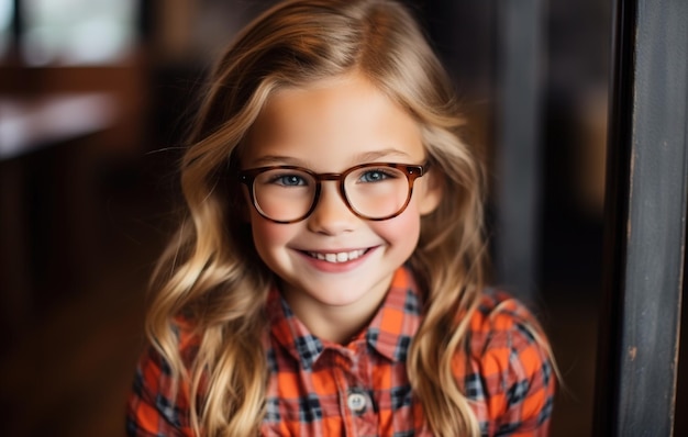 Ein junges Mädchen mit Brille lächelt in die Kamera.