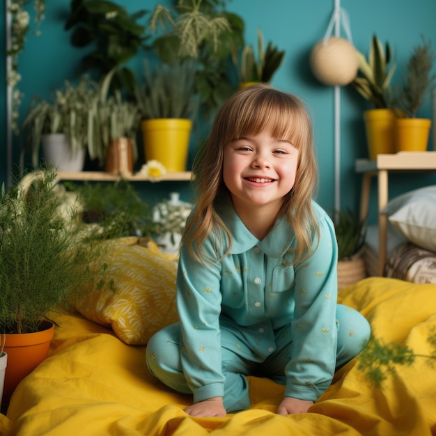 Ein junges Mädchen mit Down-Syndrom, das einen gelben Schlafanzug trägt, steht in einem blauen Raum, der mit lebendigen grünen Pflanzen gefüllt ist