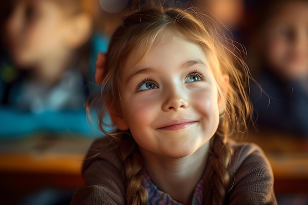 Ein junges Mädchen mit einem traumhaften Lächeln in einem Klassenzimmer, ein unschuldiger Kindheitsmoment, perfekt für pädagogische Inhalte erfasst.