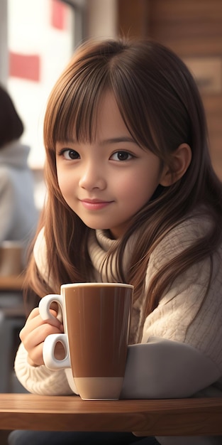 ein junges Mädchen mit einer Tasse Kaffee in der Hand, KI-generiert