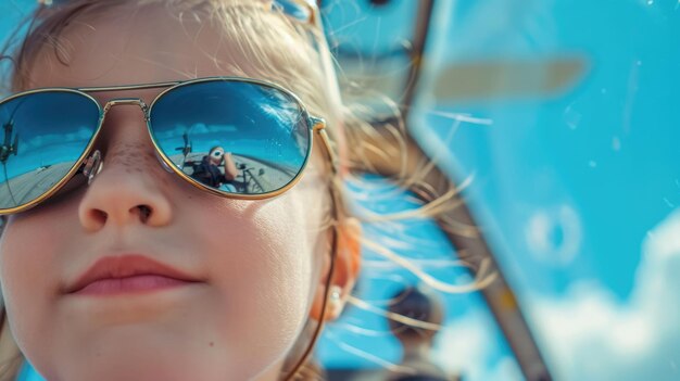 Foto ein junges mädchen mit elektrischen blauen sonnenbrillen sitzt mit einem lächeln im fahrzeug