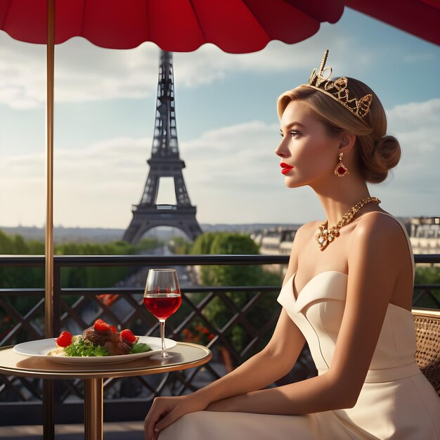 Foto ein junges mädchen mit leuchtend roten lippen saß auf der terrasse eines urigen restaurants und blickte gespannt