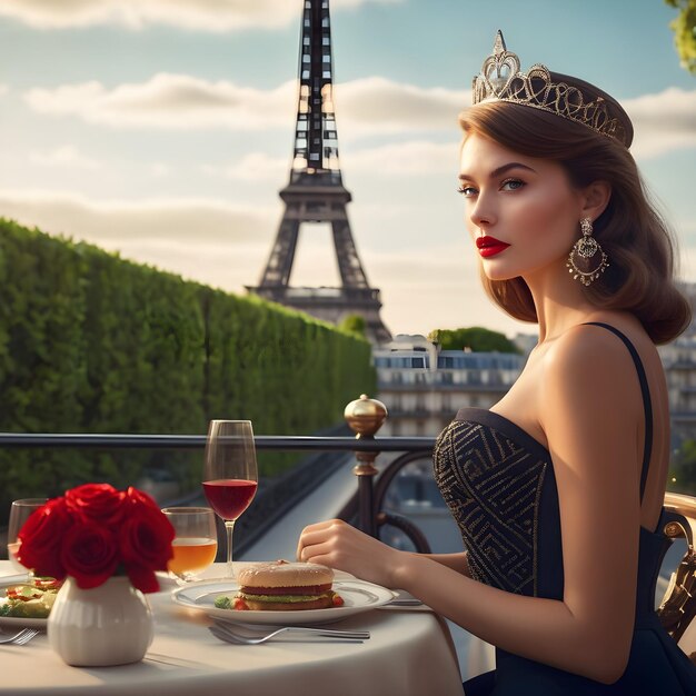 Ein junges Mädchen mit leuchtend roten Lippen saß auf der Terrasse eines urigen Restaurants und blickte gespannt