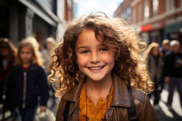 ein junges Mädchen mit lockigem Haar, das mitten auf einer überfüllten Straße steht
