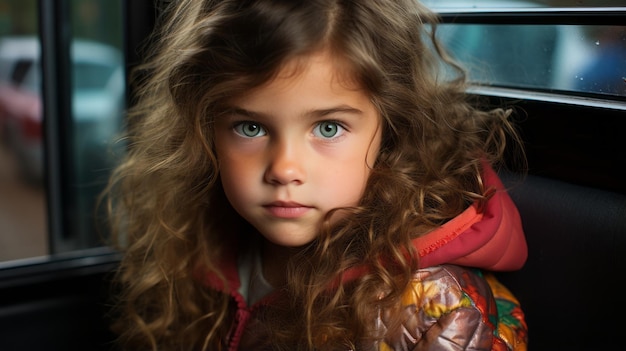 Ein junges Mädchen mit lockigem Haar sitzt in einem Bus