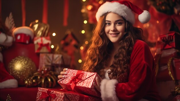 Ein junges Mädchen öffnet ein Weihnachtsgeschenk von Generative Ai