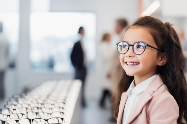 Ein junges Mädchen probiert beim Optiker eine neue Brille aus