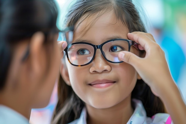 Foto ein junges mädchen probiert eine neue brille