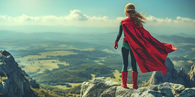 Foto ein junges mädchen sieht sich selbst als mächtige superheldin majestätische berge konzept vorstellungskraft mädchen macht superheld berge abenteuer