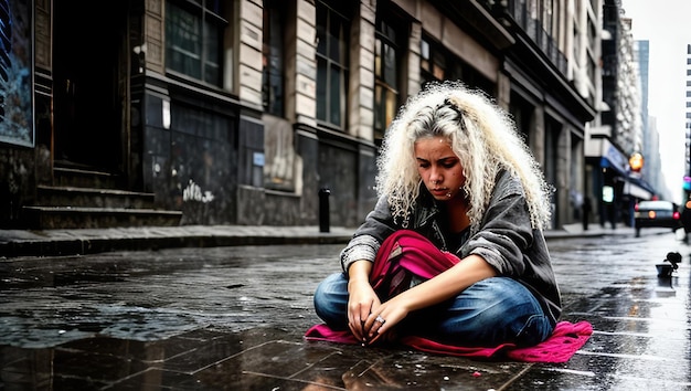 Foto ein junges mädchen sitzt auf der straße einer verlassenen, nassen straße und leidet an armut.
