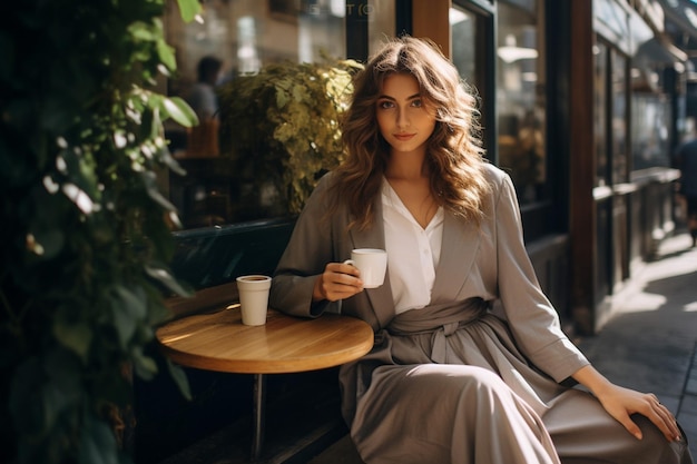 Ein junges Mädchen sitzt vor dem Café und trinkt Kaffee